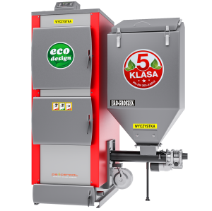 Kocioł Pleszew KG-EKO 25KW (220m2) EKOGROSZEK - PRAWY PODAJNIK  z podajnikiem ślimakowym Pancerpol , atesty 5 klasa / Ecodesign
